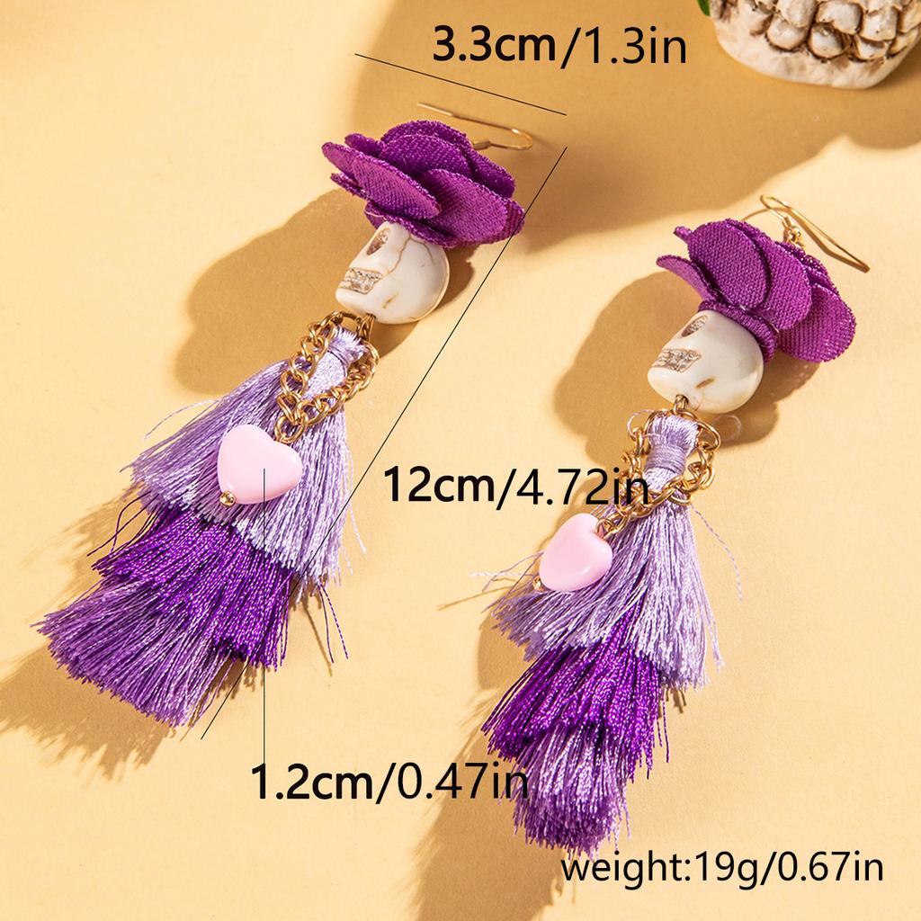 Funny Ethnic Flower Skull Drop Earrings for Women Creative Gothic Punk Long Tassel Earring Halloween Party Festival Jewelry Gift