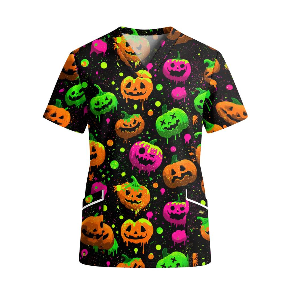 Women V Neck Short Sleeve Work Top with Pockets Halloween Print Floral Pattern Spider Web Design Casual Medical Scrub Shirt