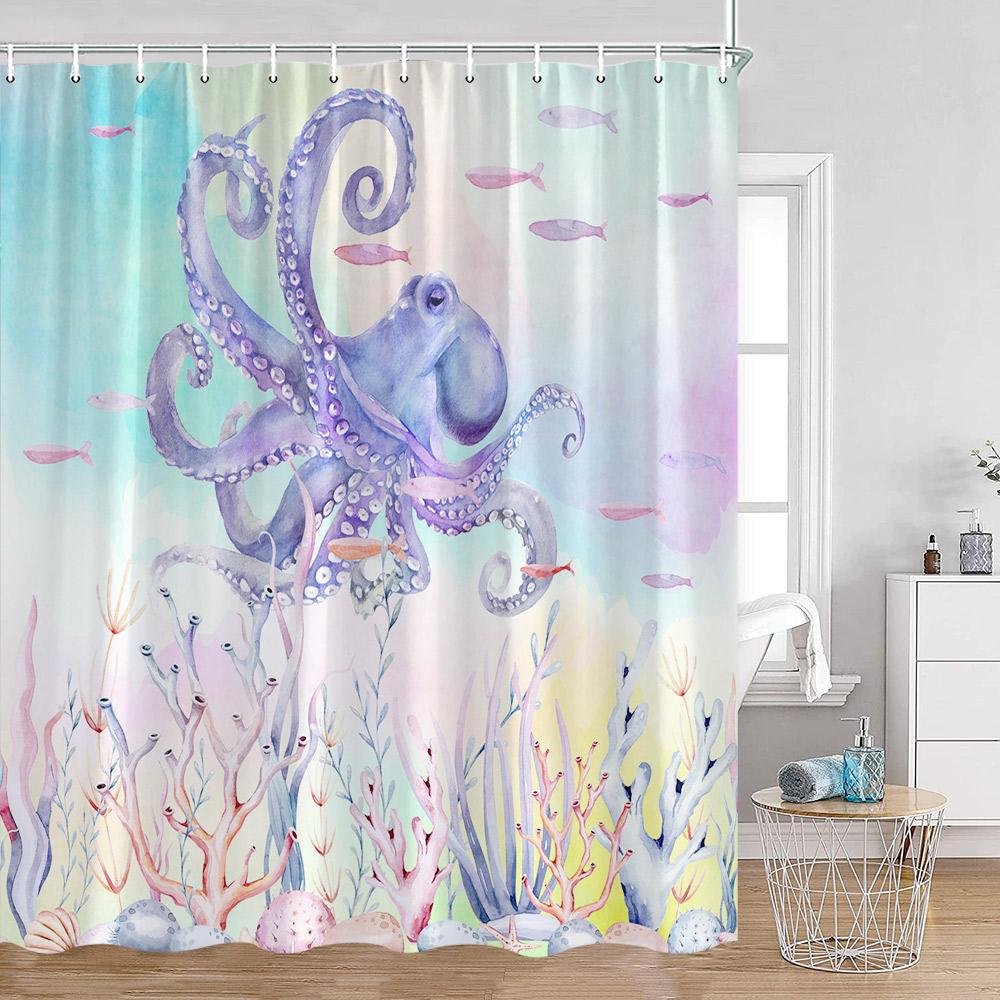 Octopus Shower Curtains Ocean Animals Funny Octupus Undersea World View Bathroom Curtain Nautical Bath Decorations with Hooks
