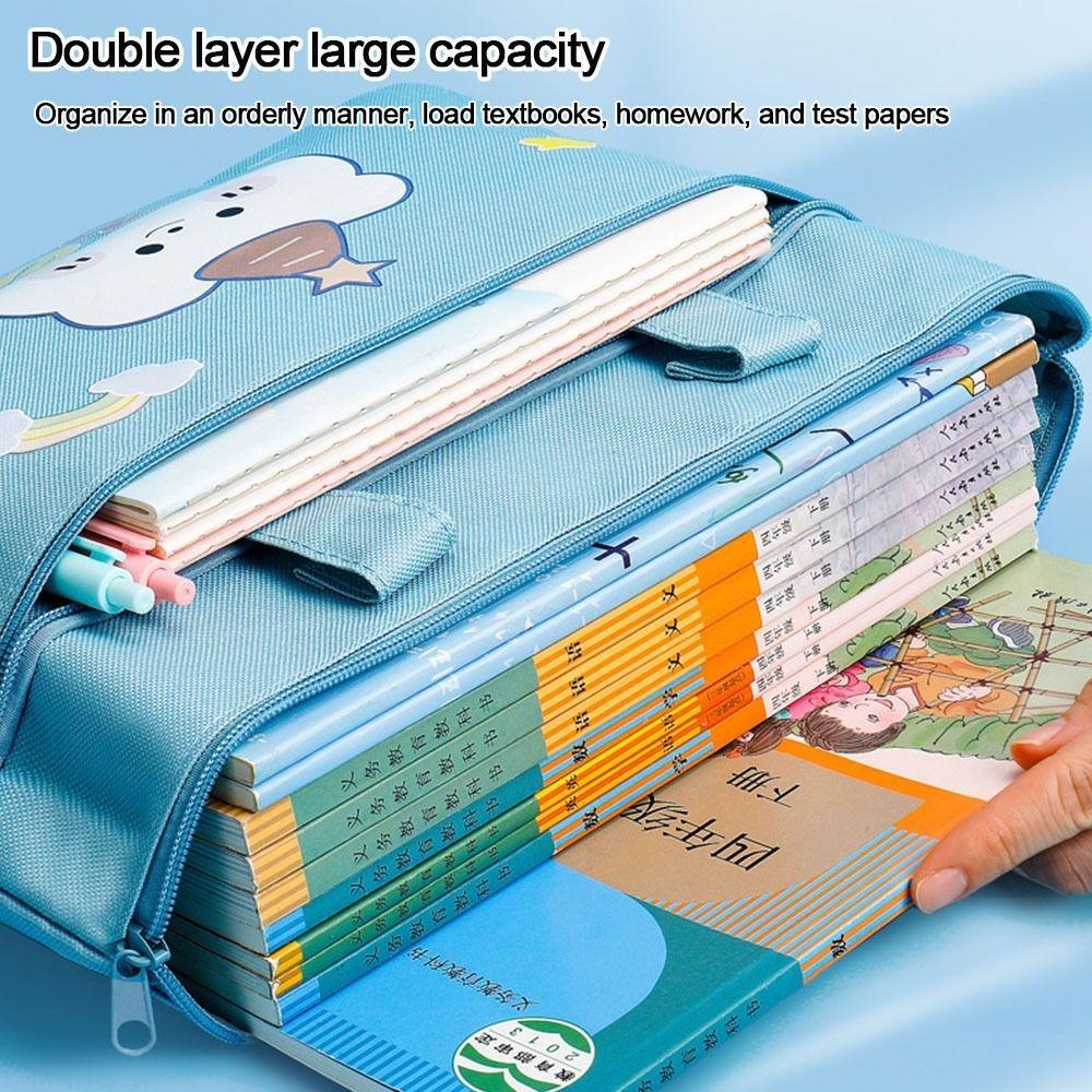 New Double Layer Cartoon File Bag Canvas Zipper File Bag Cartoon Large Capacity Student Tote Tutoring Class