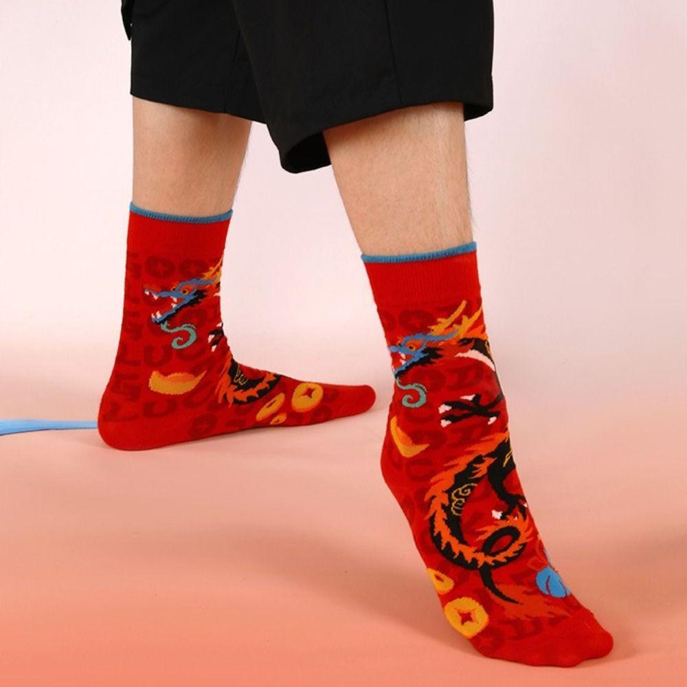 Chinese Style Red Socks Dragon Pattern New Year's Socks Fashion Cotton Socks Men