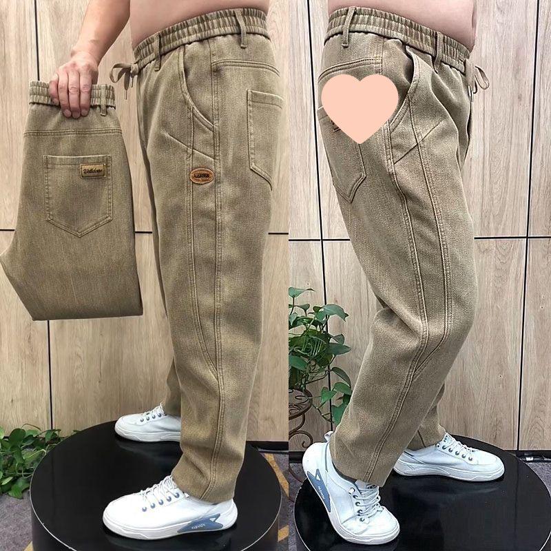 Men's Fleece-Lined High-Waist Stretch Jeans: Loose Fit, Straight-Leg, Versatile for Autumn and Winter