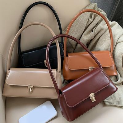 Bolsa feminina de transporte axilar, bolsa retrô moderna, portátil, casual, couro PU, cor sólida, alça simples, bolsa de ombro, bolsas de mão