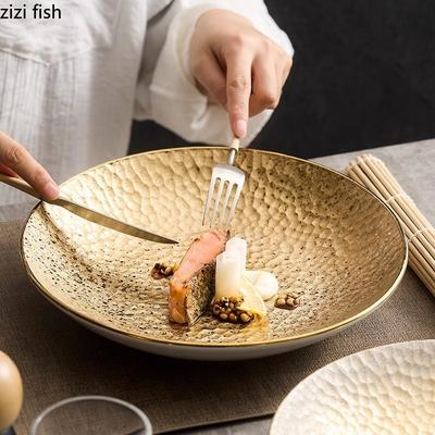 Piatto in Ceramica con Texture Martellata Creativa Piatto da Insalata Piatto per Pasta Piatto per Sashimi Piatti Fondi Stoviglie da Esposizione per Hotel Cucina Molecolare