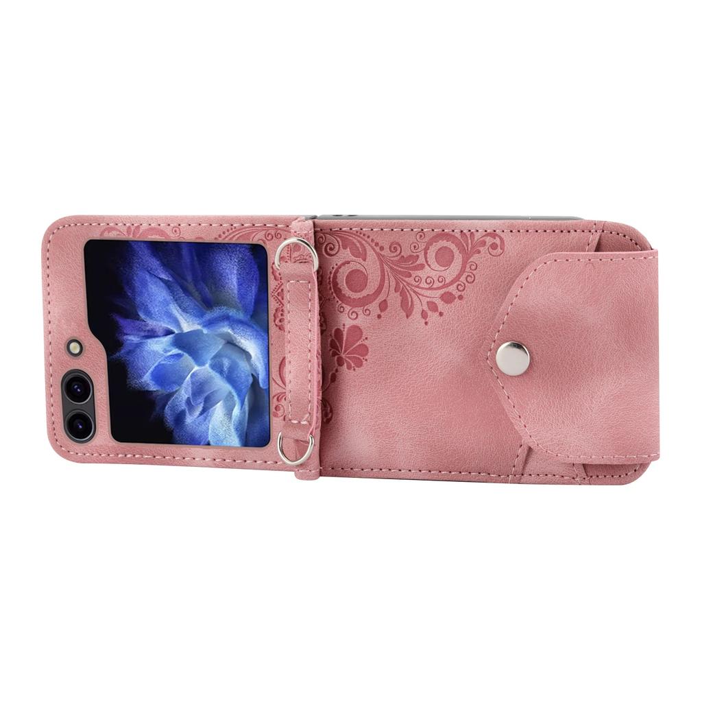 Custodia Borsa a Tracolla con Cordino Portafoglio Slot Carte Fiori Goffrati in Pelle per Samsung Galaxy Z Flip 7 6 5 4 Flip5 Flip4 5G Cover Bag Fundas