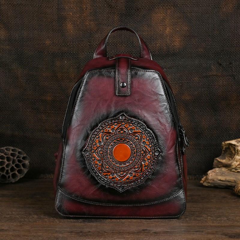 Johnature Vintage Totem Geprägter Rucksack, vielseitige Damen-Ledertasche, einfarbig, große Kapazität, Reiserucksäcke