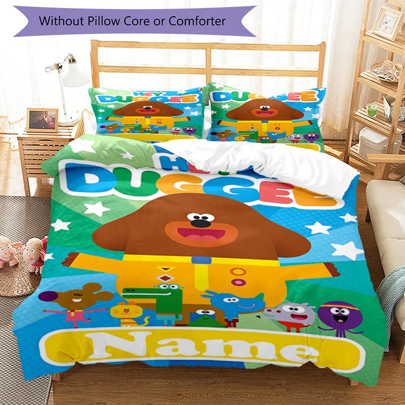 3pcs Custom Name Hey Duggee Bedding Set Duvet Cover Closure Includes 1 Duvet Cover & 2 Pillowcases, Soft and Comfortable for All Seasons.