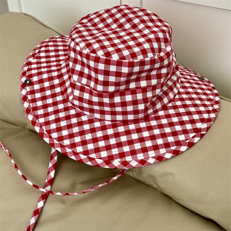 

Vintage Plaids Bucket Hats Women Ins Versatile Sweet Lace-up Fisherman Hat Summer Big Brim Sun Protection UV Protection Sun Hat