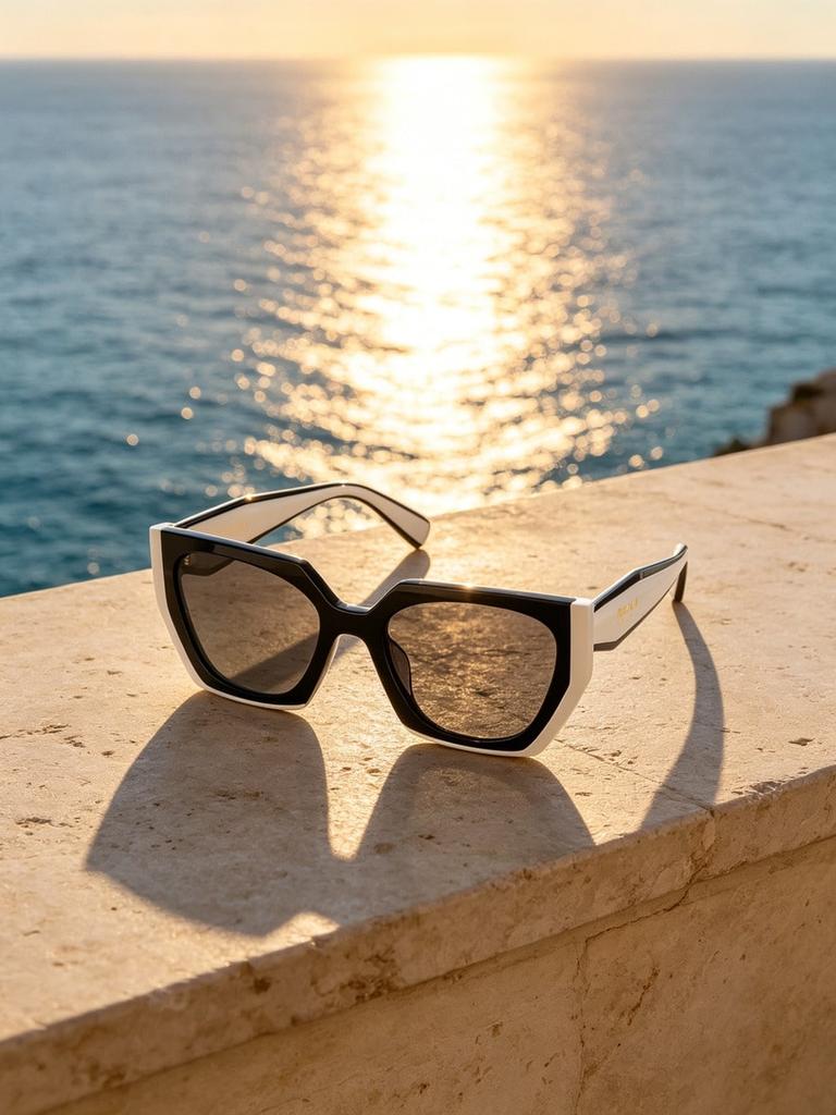 PRADA Women Two-Tone Black White Cat Eye Sunglasses Retro Geometric Thick Acetate Frame UV Protection Anti Glare Fashion Street Driving Shades