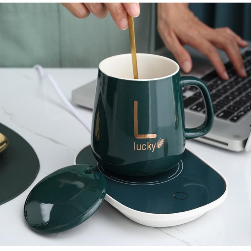 1 Sæt 55℃ Termisk Keramik Kaffekop Bærbar USB Genopladelig Opvarmningskop Med Rustfrit Stål Ske Gavekit Til Rejse Kontor Gave