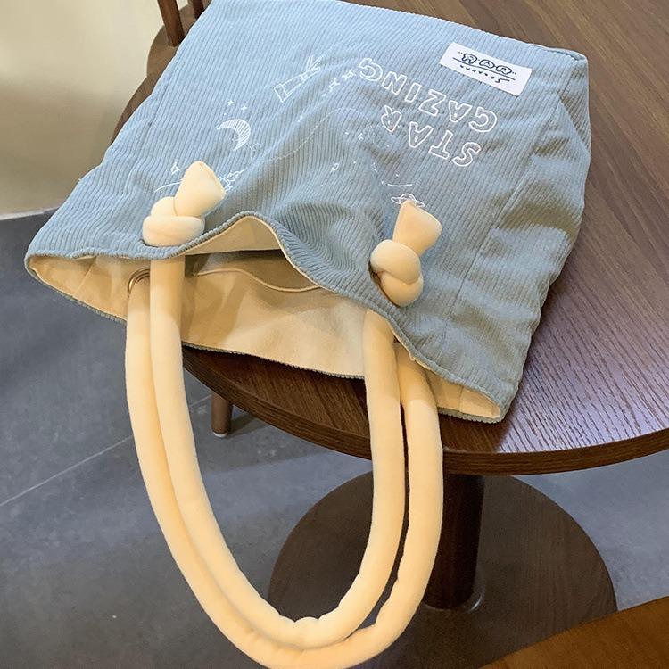 Autumn and Winter Women's Bag Korean New Corduroy Embroidered Letter Shoulder Bag Female College Student Class Tote Bag