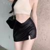 Solid Color Short Mini Skirts Split High Waist A-line Skirt Korean Style PU Leather Skirt  Girls