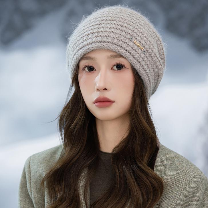 Women's New Colored Diamond Plaid Rabbit Hair Stacking Hat Outdoor Velvet Thickened Windproof Warm Hat Autumn and Winter Casual Cold Hat