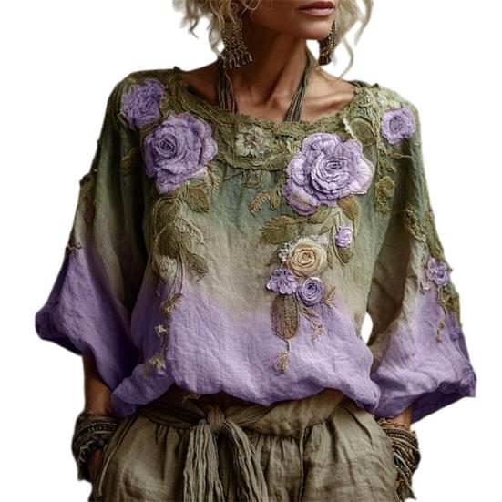 Damen Pullover Rundhals Langarm Lockerer Schnitt Pullover 3D Blumenmuster