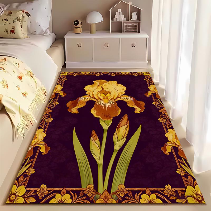 Yellow Iris Floral Carpet with Purple Background, Elegant Home Decor Suitable for Use As an Anti-slip for Living Room Bedroom Sofas