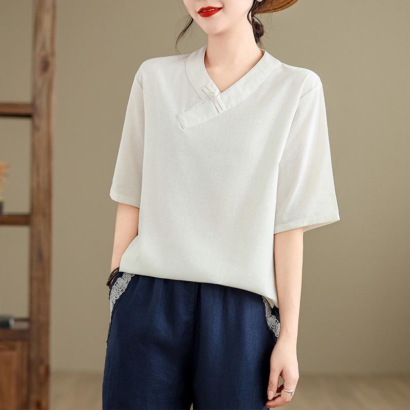 

Vintage V-neck Cotton Linen Hanfu Top - Mid-sleeve Zen Tea Ceremony Shirt Extra Large белый
