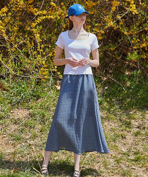 Collet Cooling Check Lightweight Air Pleated Flare Long Skirt [Blue] 349Ck