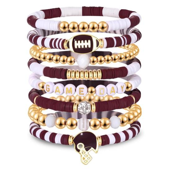 Game Day Bracelets Stackable Sports Football Charm Bracelets Elasticated Football Themed Bracelets Set for Women Men Football Fans Boho Summer