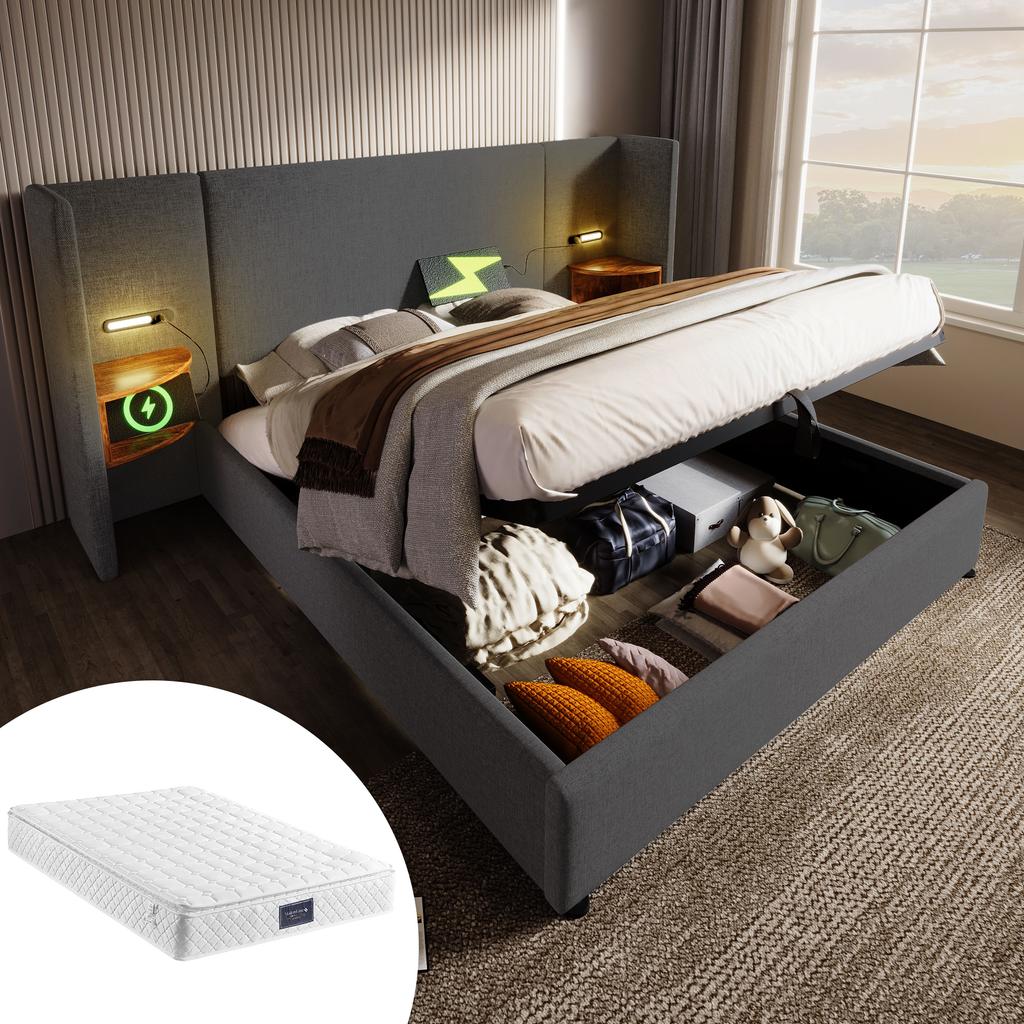 Upholstered Double Bed 160x200 with Nightstand, Reading Lamp, USB Type-C, Storage Bed Frame, Solid Wood, Metal, Grey, Linen (With Mattress)