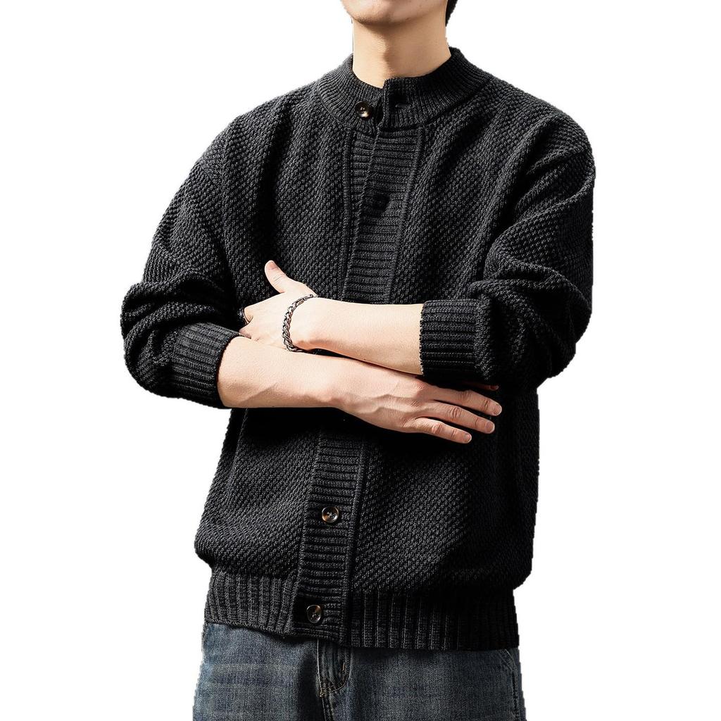 Men's High-End French Retro Cardigan Sweater: Winter Thick Knit Stand Collar Jacket