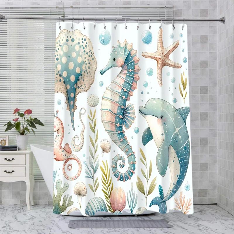 Painting Style Sea world hippocampus  Bathing Curtain  Bathroom Shower Curtain Waterproof With 12 Hooks Home Deco