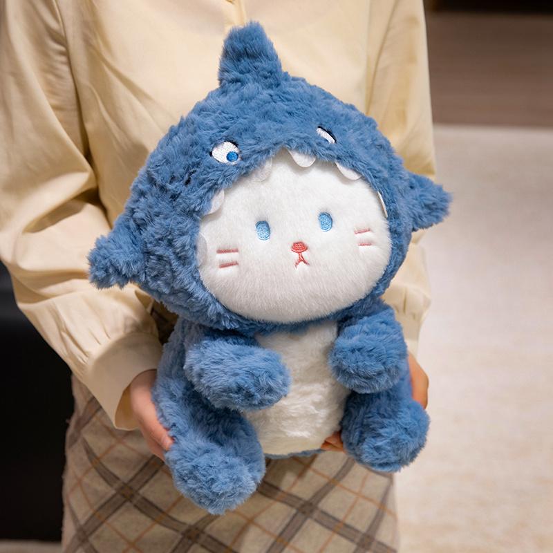 Kawaii Shark Cat Plush Toy Soft Stuffed Colorful Shark Hat Kitten Doll Kids Sleep Hug Pillow Home Decor Birthday Christmas Gift