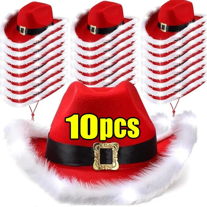 1-10pcs European and American Men's and Women's Cowboy Hat Red Western Cowboy Hats Christmas Feather Santa Claus Illuminated Hat