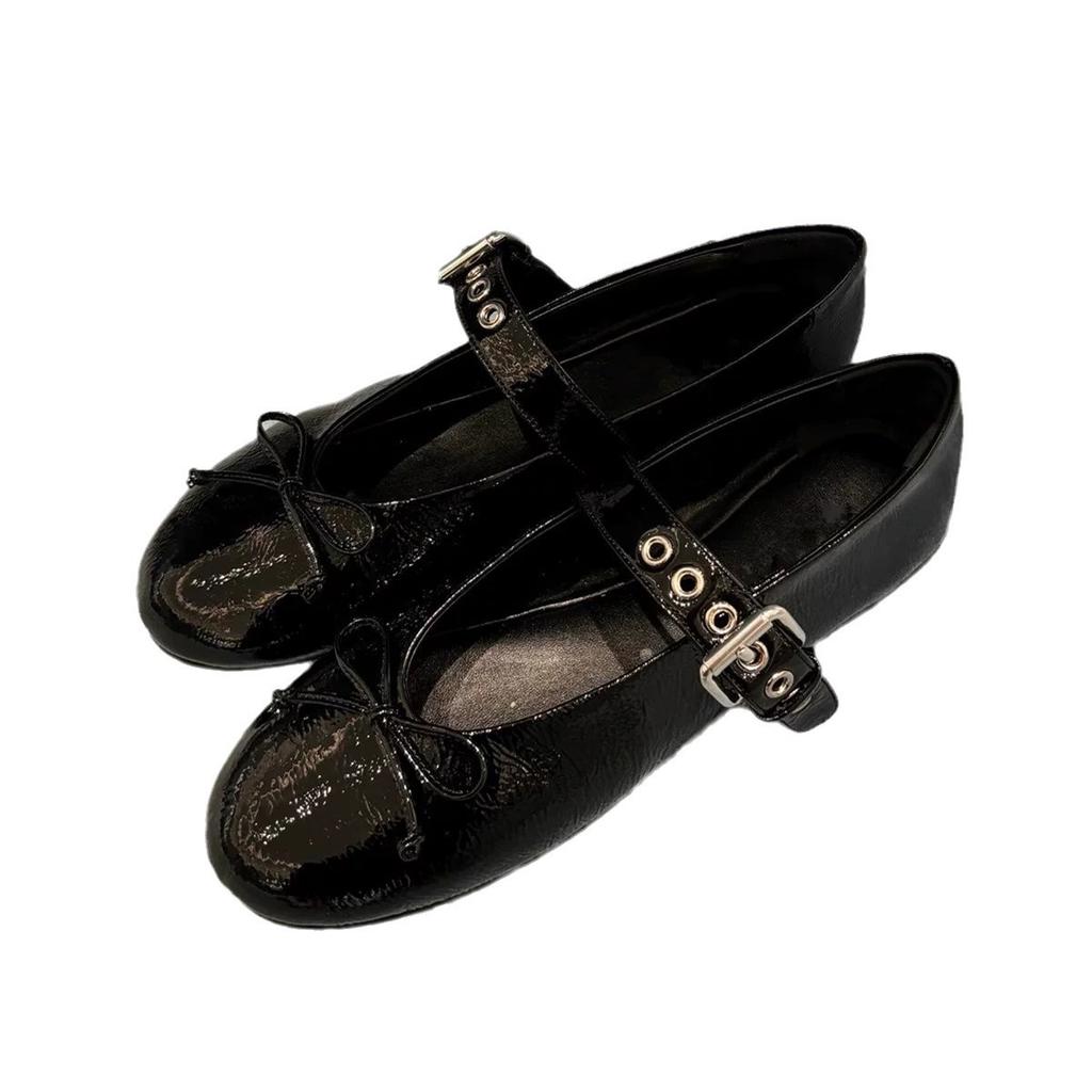 Genuine Leather Korean Version of Niche Round Head Shallow Mouth Bow with Mary Jane Single Shoes Women's Spring and Autumn Flat Ballet Shoes