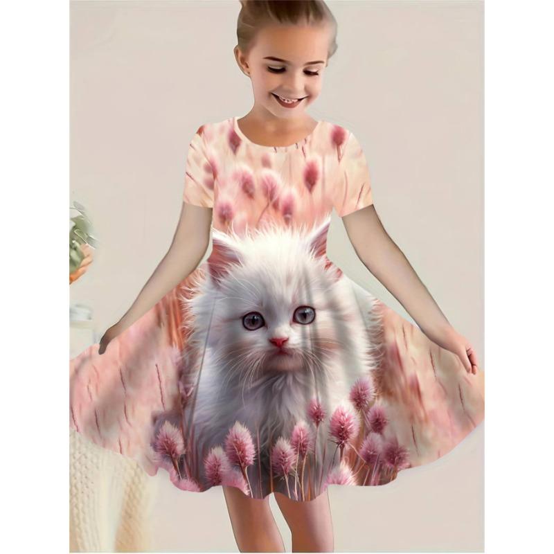 

Cute Dress with Cat Print | Short-Sleeved, Lightweight Spring/Summer Beach Dress, Perfect for Birthdays And Outdoor Activities 110