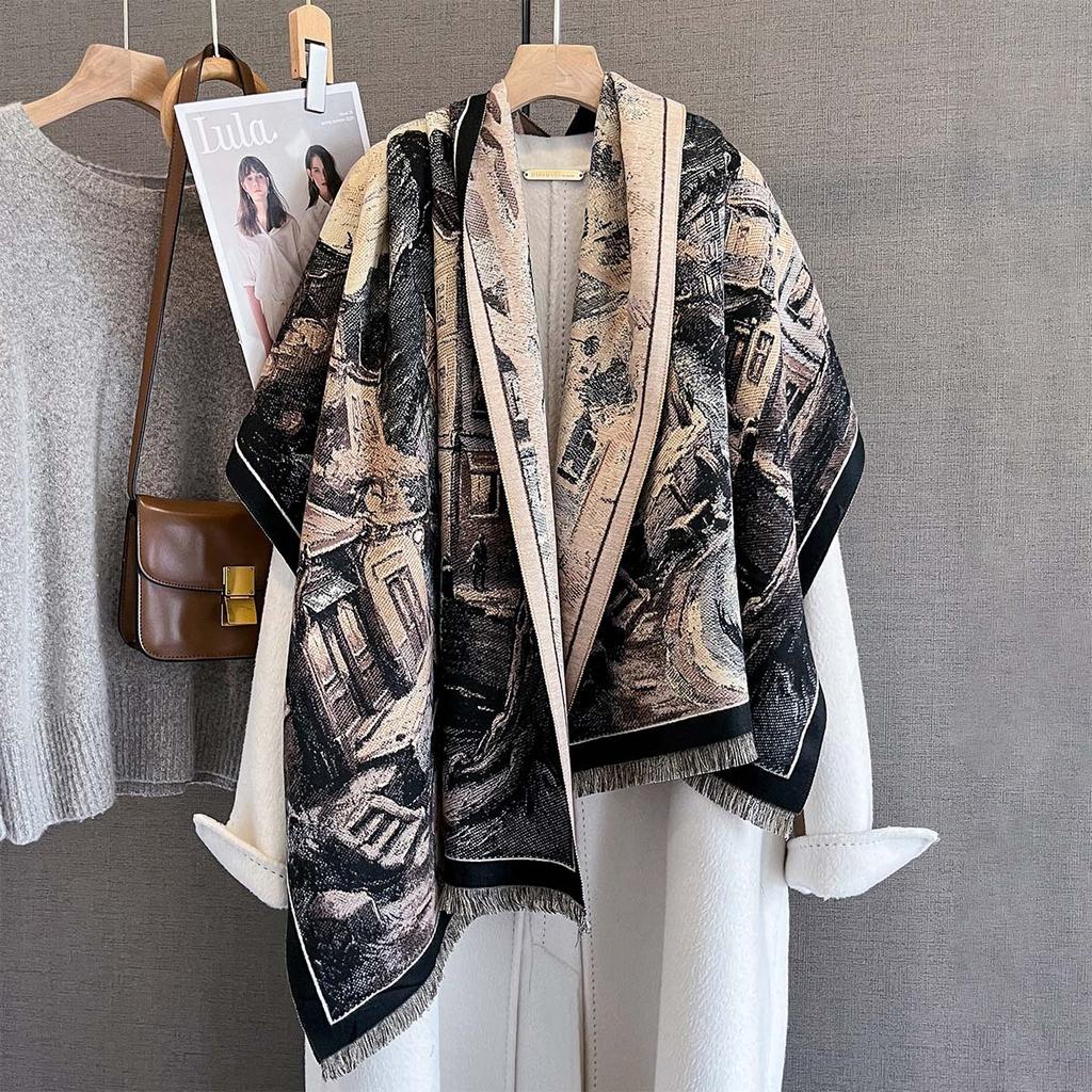 185*68cmWinter Retro Oil Painting Print Cashmere Feel Pashmina Women Outdoor Warm Large Shawls Wraps Tassels Lady Bufanda Poncho