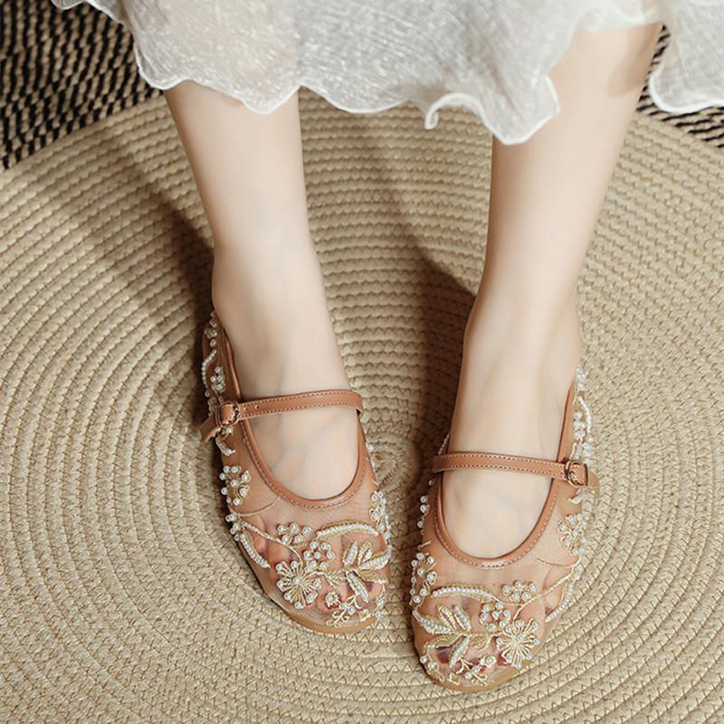 Fashion Embroidery String Bead Mesh Ballet Flats Women Fashion White Pearl Mary Jane Shoes Light Summer Flats Elegant Cozy Flat Sandals