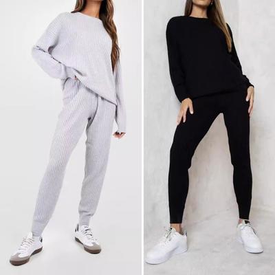 2 szt./zestaw Damski garnitur top i spodnie Dzianinowy Okrągły dekolt Długi rękaw Plus Size