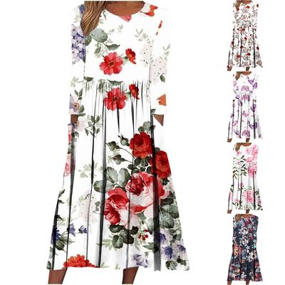 Vestido casual de manga larga con cuello en V y estampado floral para mujer