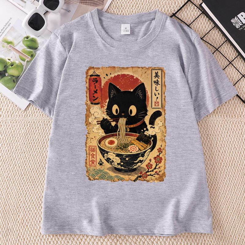 Raunisex Cat T Shirt Black Cat Noodles Tee Japanese Food Tshirt Unisex Unisex Round Neck Print Fashion TShirt Streetwear Clothes