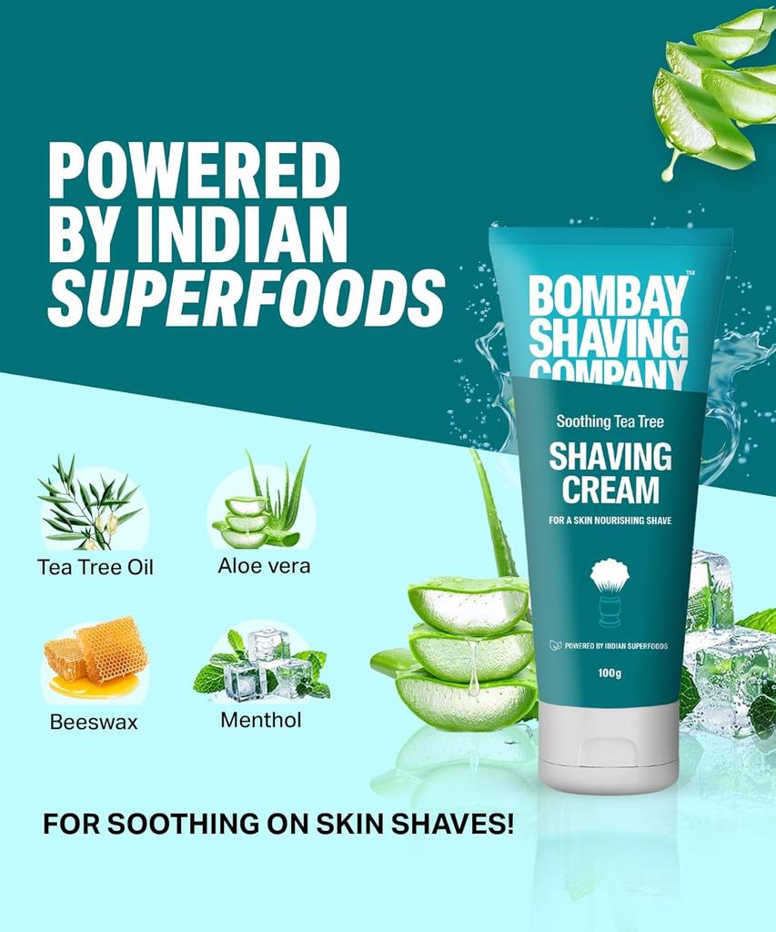 Bombay Shaving Company Shaving Cream with Tea Tree Oil, Aloe Vera and Menthol Extracts, 100 G