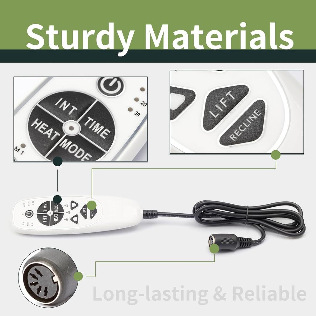 5 Pin Female Plug DN-34A 9 Button Recliner Remote Controller for Heat Vibration & Up/Down, 3 Vibration Mode & 3 Massage Time Option with 1 USB