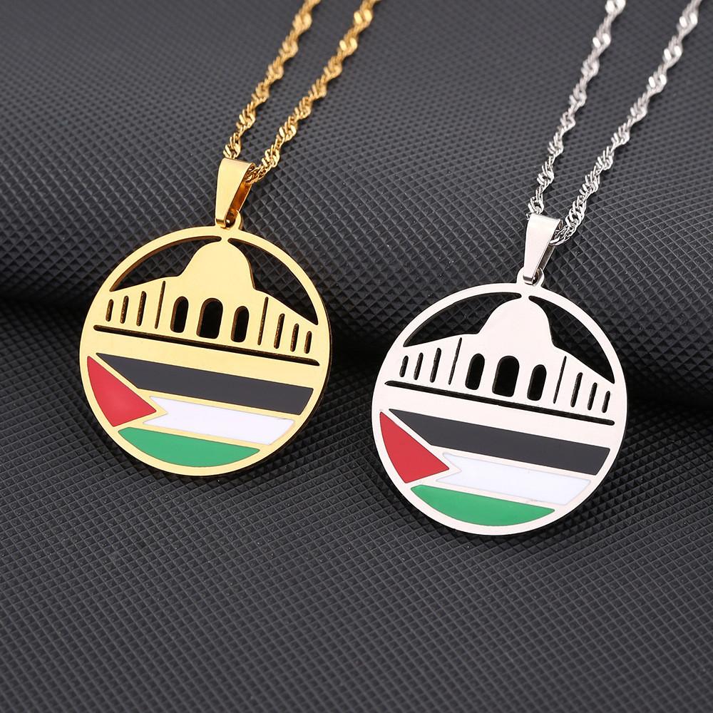 Geometric Design Ethnic Pendant Necklace With Aksha Mosque And Palestine Charm Stainless Steel Jewelry