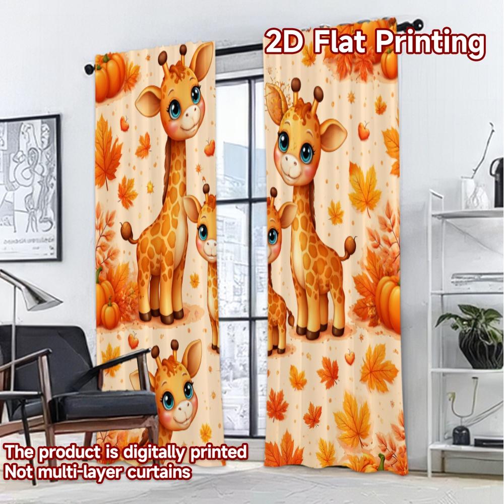 2D FLAT PRINTING 2pcs Curtains (Without Rod) Autumn Giraffes and Pumpkins Popular Fashionable Curtains Versatile 100% Polyester