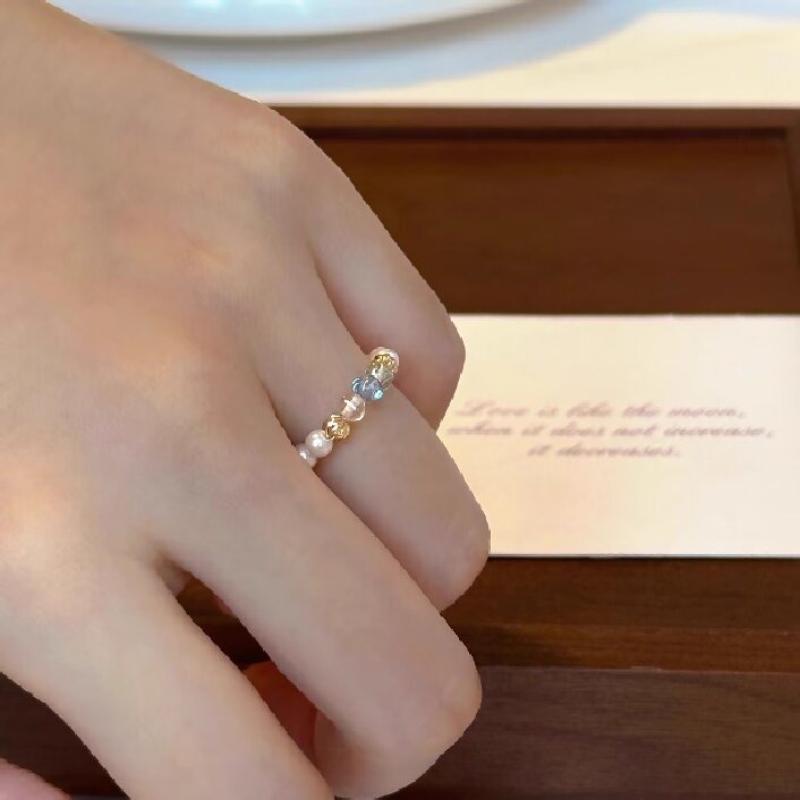 Fashion String Style Imitation Pearl Colored Inlaid Zircon Bracelet Ring, Elegant Temperament for Women, Holiday Accessory Gift