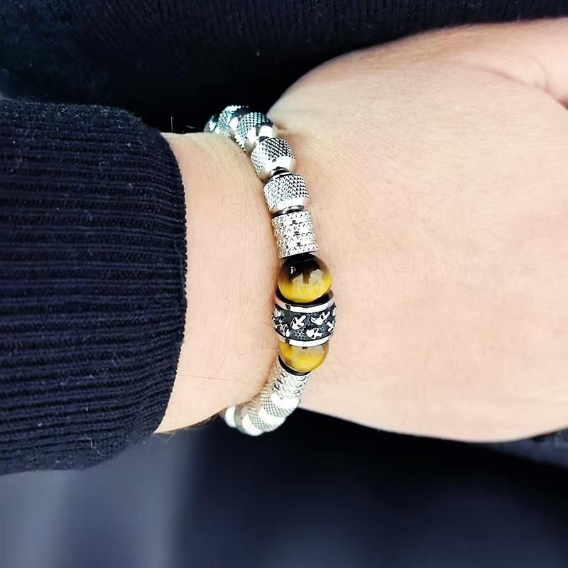 Luxury Tiger Stone Stainless Steel Beads Skull Charm Man Bracelet Handmade Jewelry Men Gift