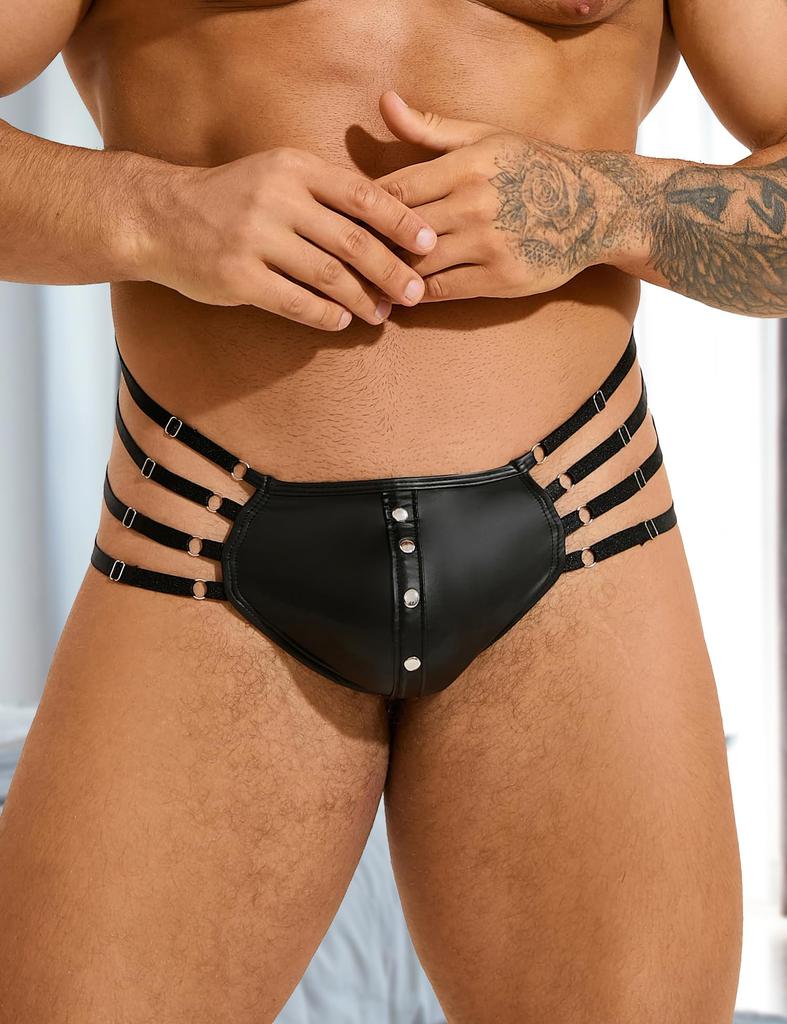 Sexy PU Leather Front Plus Sexy Lingerie for Men [ohyeah] Men's Thongs, Underwear, G-String, Breathable, Rivet-Decorated, U-Shaped Pouch, Bulge,