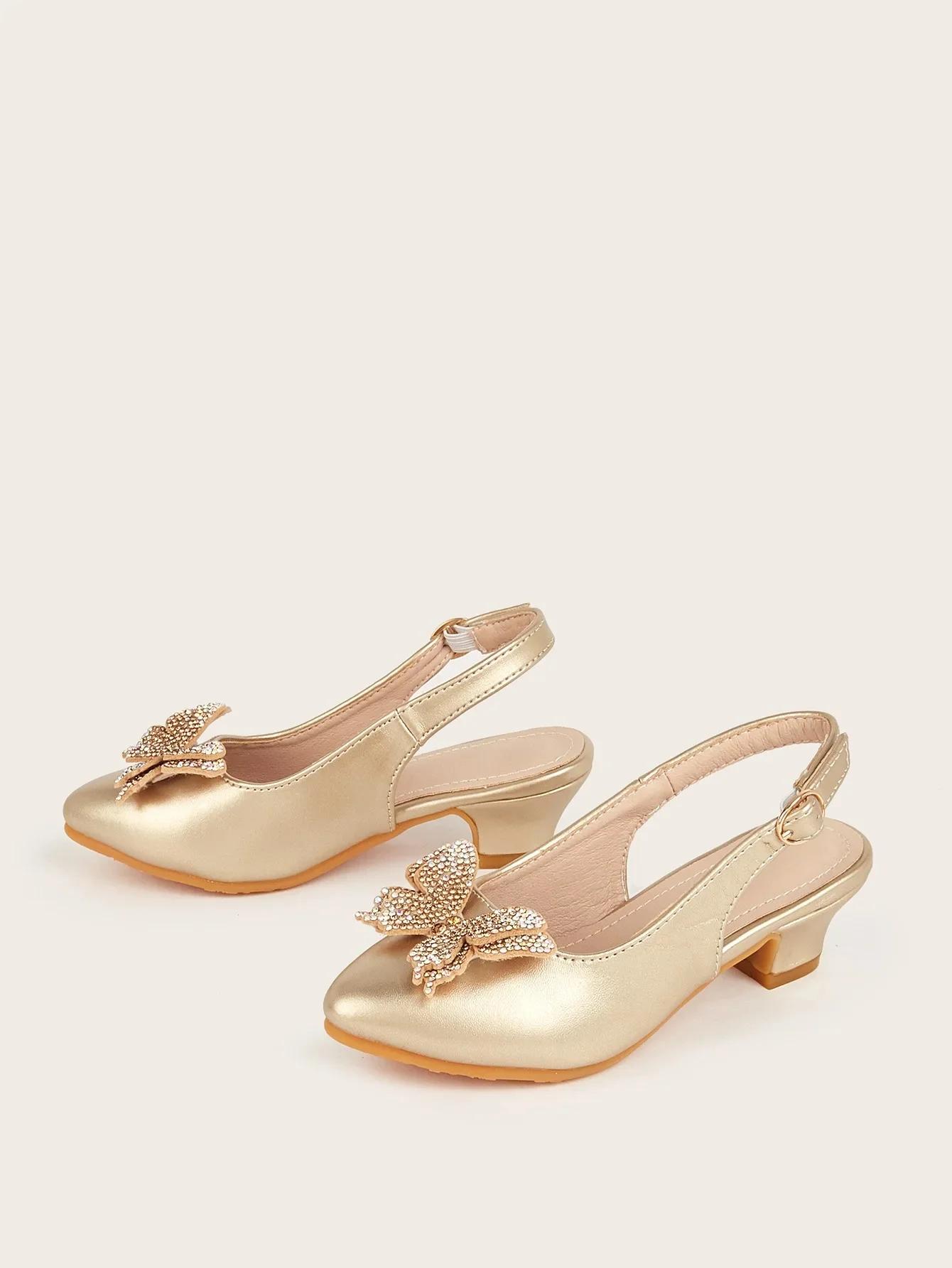 

Новые детские сандалии 2025 года на высоком каблуке с острым носком и бантом-бабочкой для девочек 7-12 лет, детские одинарные туфли, удобная обувь 36 золотой