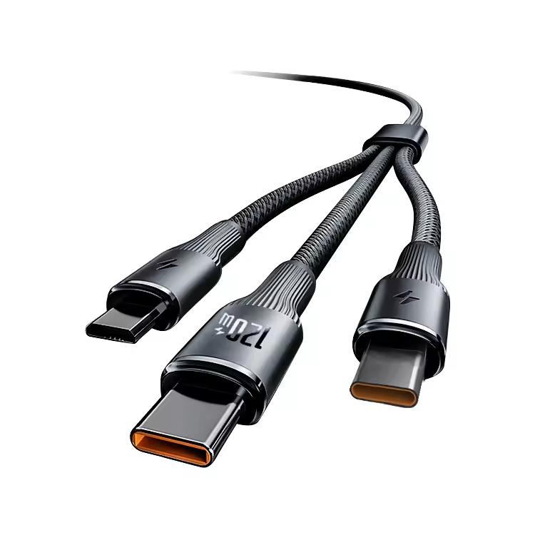 High Quality 3IN1 120W 2M Super Braided Type-C 3A Fast Charging Nylon Data Cable Dual Core Tinned Copper
