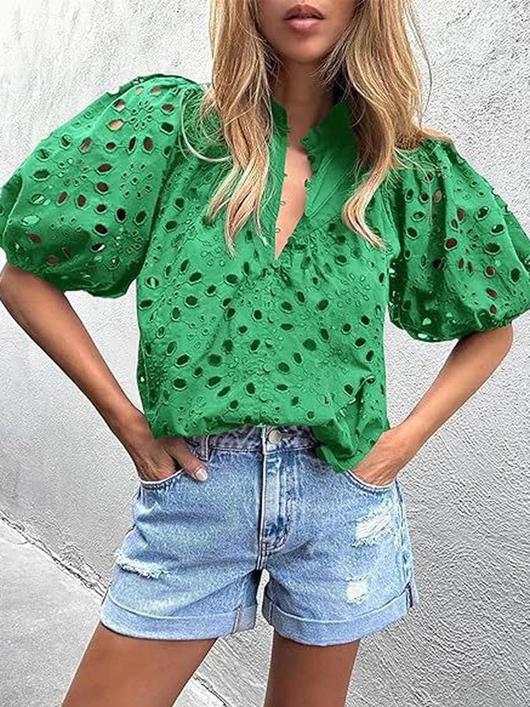 Top Estivo da Donna Moda Casual Manica a Lanterna Scollo a V Bottoni Ricamo Intrecciato in Pizzo Camicia