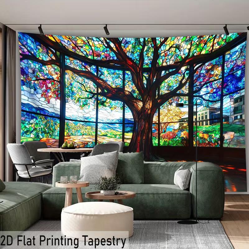 

2D Colorful Window Tree Tapestry Stained Glass Background Cloth 47.2x31.5inch/120*80cm