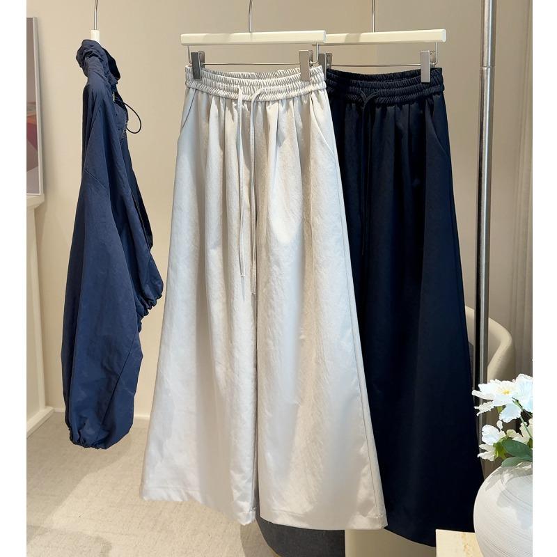 Elastic waist lace-up casual pants women's autumn new solid color loose and thin versatile simple straight wide-leg pants