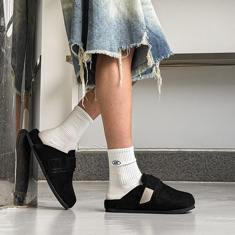 Soft Leather Bag Head Cool Slippers Thick-soled Boken Shoes Men's 2025 New Lazy Fishing Outer Shoes 59901 black-J