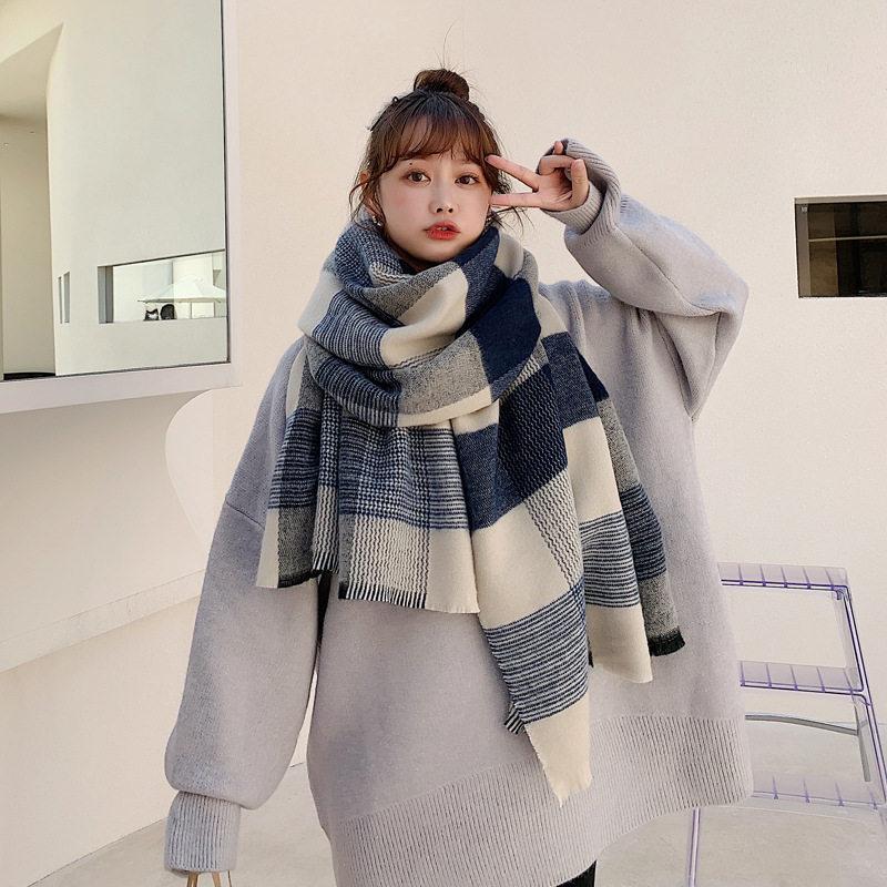 Scarf Women's Winter All Match Japanese Style White Blue Plaid Imitation Cashmere Shawl Student Warm Couple Thickened Scarf