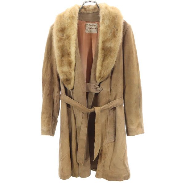 

VINTAGE 80s Made in USA suede coat beige with fur belt Women Used
