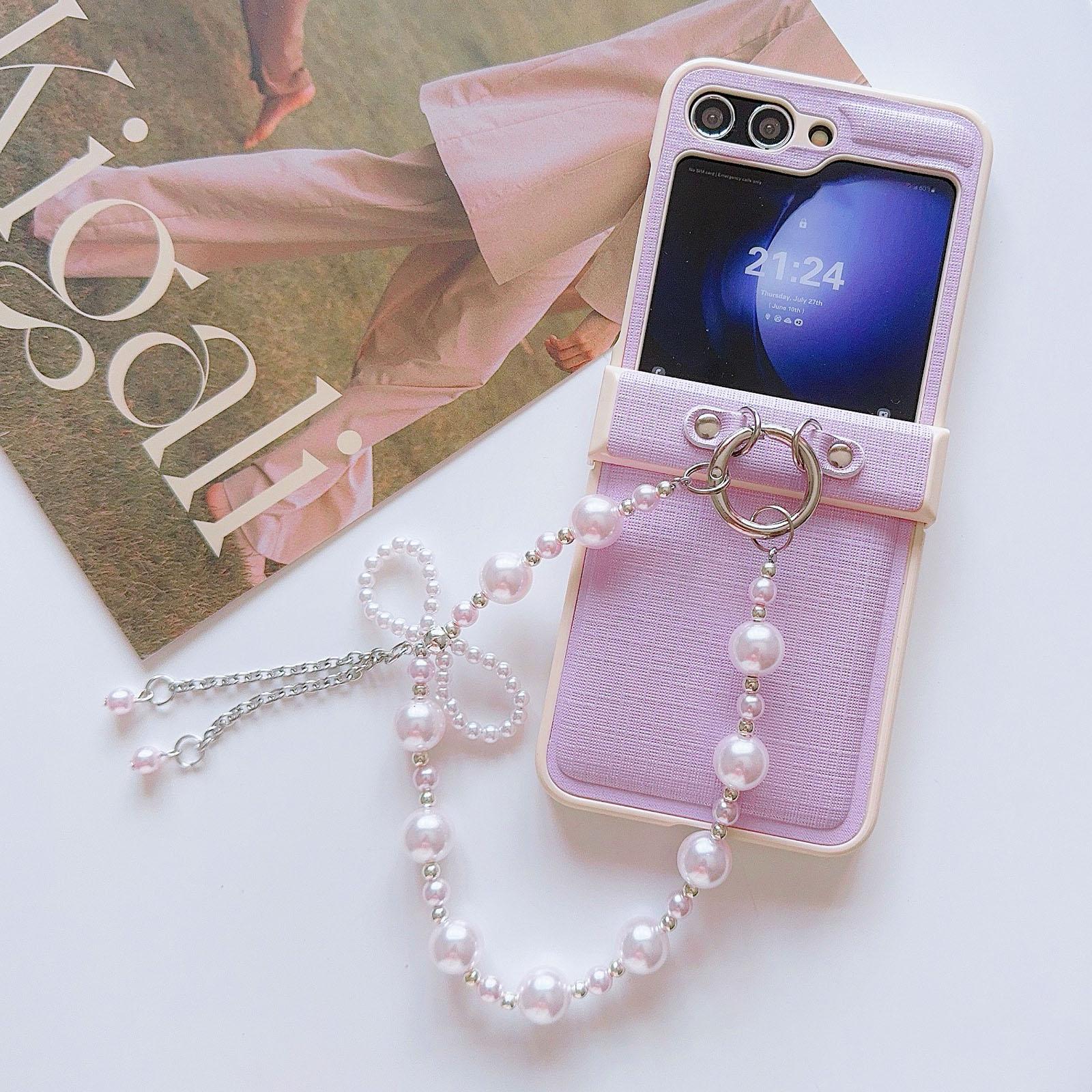 

For Samsung Galaxy Z Flip6 5G Case Hinge Protection Leather+PC Phone Cover with Beaded Phone Charm Pink